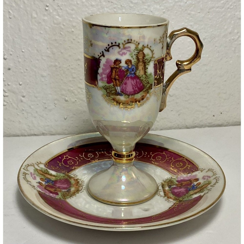 Royal Vienna Style Classical Scene Pink Gold Demitasse‎ Teacup Saucer Lusterware